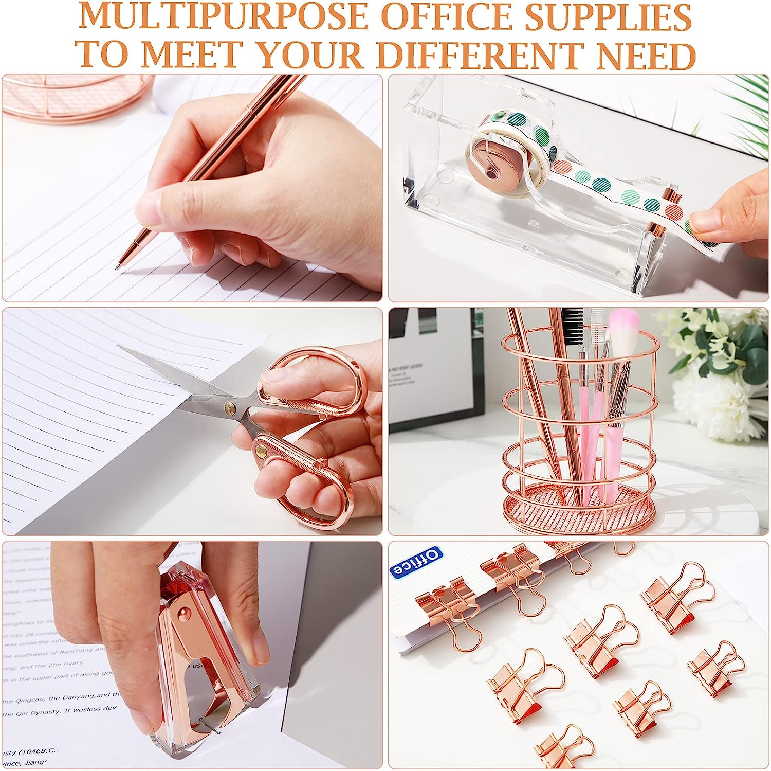 Rose Gold Desk Accessories Office Supplies Set, File Holder, Magazine File Organizer, Pen Holder, Stapler, Staple Remover, Staples, Tape Dispenser, Ballpoint Pen, Scissor, Binder Clips for Office - Image 5